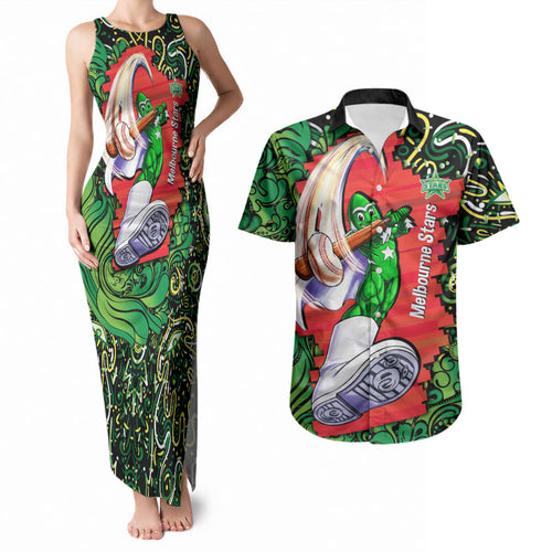 Personalized Melbourne Stars Cricket Couples Matching Tank Maxi Dress and Hawaiian Shirt Hippie Psychedelic Pattern Vibrant Mandala Art Style