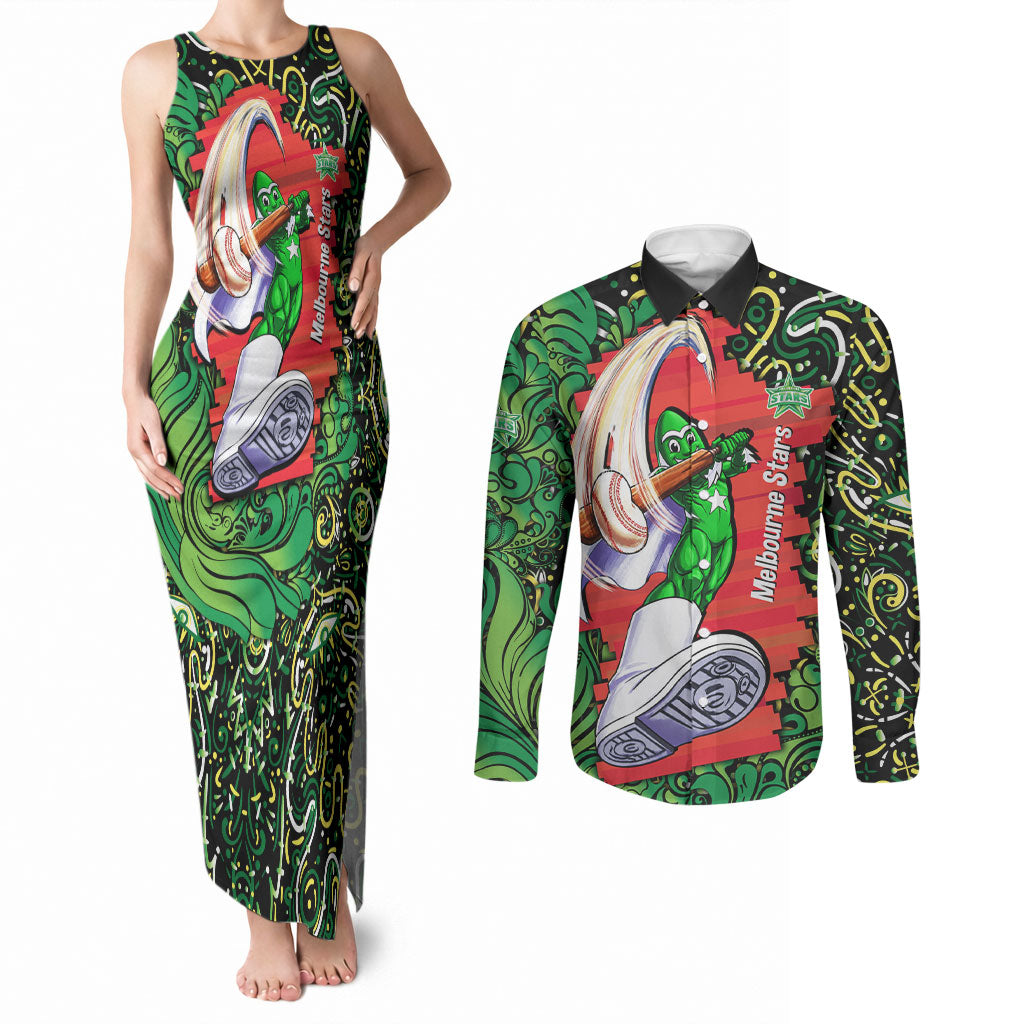 Personalized Melbourne Stars Cricket Couples Matching Tank Maxi Dress and Long Sleeve Button Shirt Hippie Psychedelic Pattern Vibrant Mandala Art Style