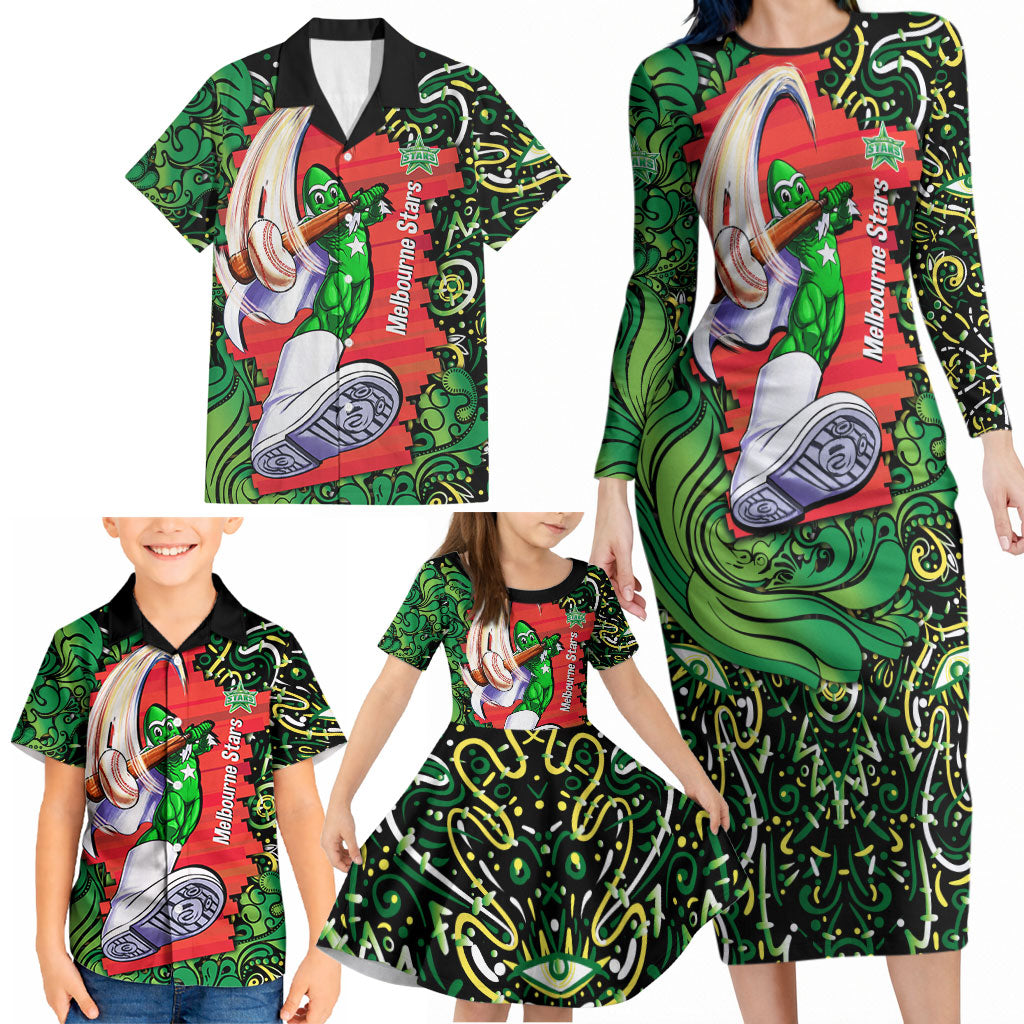Personalized Melbourne Stars Cricket Family Matching Long Sleeve Bodycon Dress and Hawaiian Shirt Hippie Psychedelic Pattern Vibrant Mandala Art Style