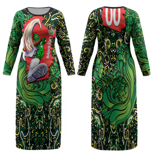 Personalized Melbourne Stars Cricket Family Matching Long Sleeve Bodycon Dress and Hawaiian Shirt Hippie Psychedelic Pattern Vibrant Mandala Art Style