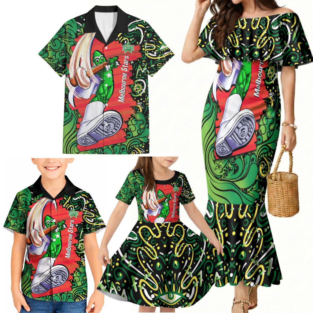 Personalized Melbourne Stars Cricket Family Matching Mermaid Dress and Hawaiian Shirt Hippie Psychedelic Pattern Vibrant Mandala Art Style