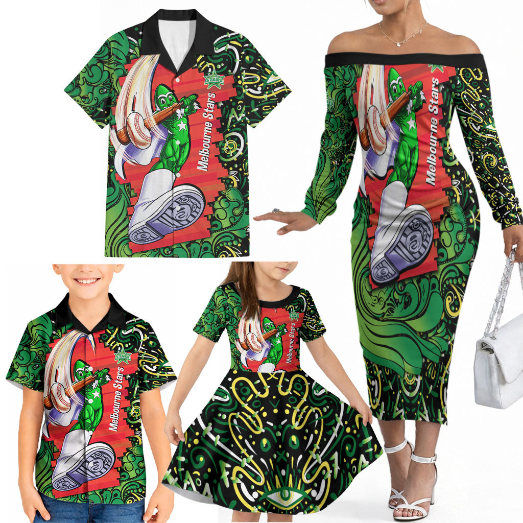 Personalized Melbourne Stars Cricket Family Matching Off The Shoulder Long Sleeve Dress and Hawaiian Shirt Hippie Psychedelic Pattern Vibrant Mandala Art Style