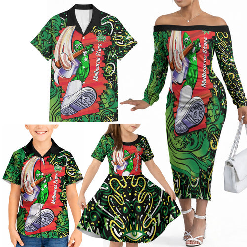 Personalized Melbourne Stars Cricket Family Matching Off The Shoulder Long Sleeve Dress and Hawaiian Shirt Hippie Psychedelic Pattern Vibrant Mandala Art Style