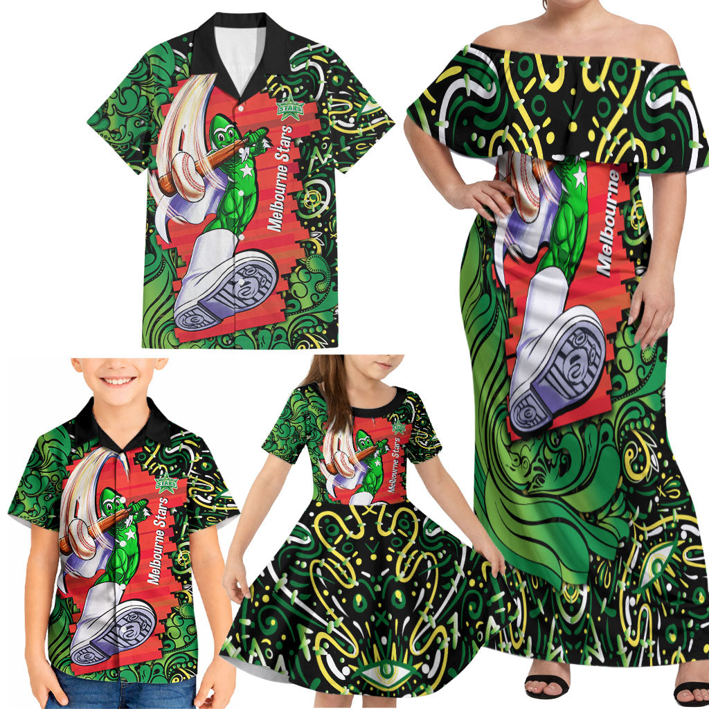 Personalized Melbourne Stars Cricket Family Matching Off Shoulder Maxi Dress and Hawaiian Shirt Hippie Psychedelic Pattern Vibrant Mandala Art Style