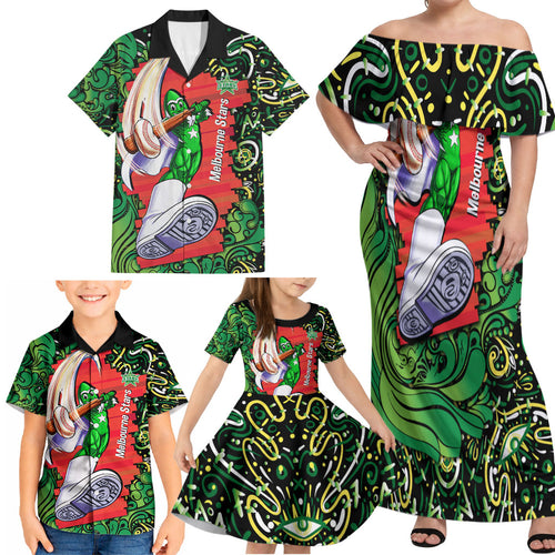 Personalized Melbourne Stars Cricket Family Matching Off Shoulder Maxi Dress and Hawaiian Shirt Hippie Psychedelic Pattern Vibrant Mandala Art Style