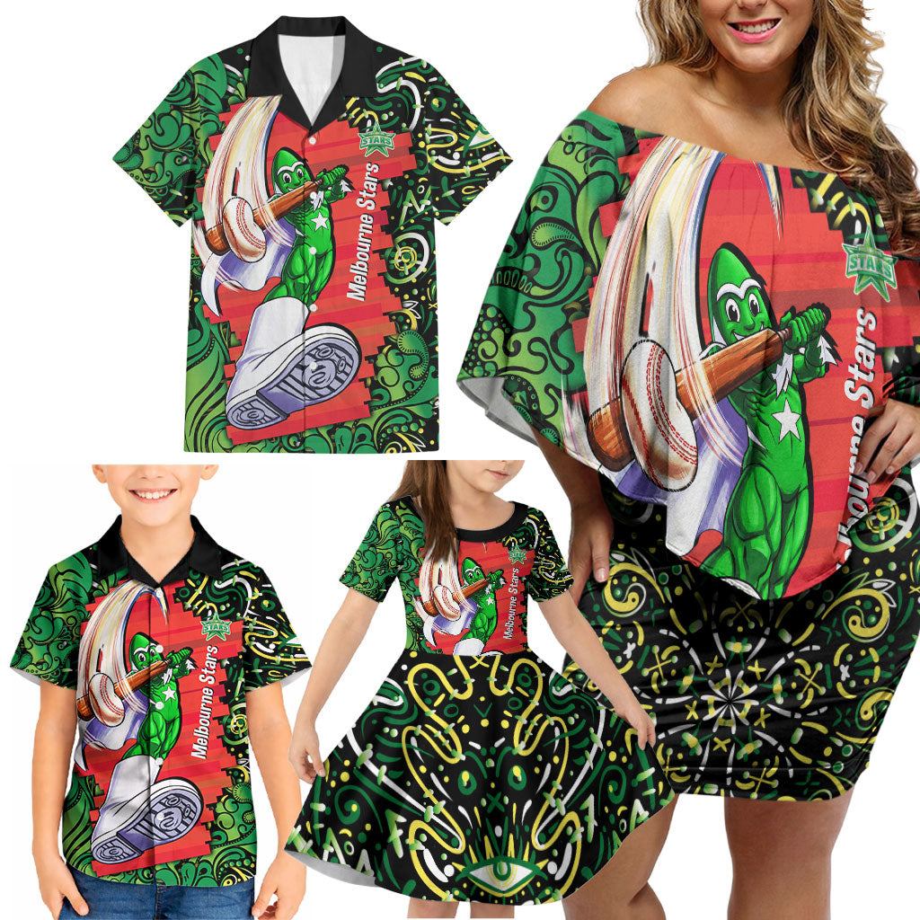 Personalized Melbourne Stars Cricket Family Matching Off Shoulder Short Dress and Hawaiian Shirt Hippie Psychedelic Pattern Vibrant Mandala Art Style