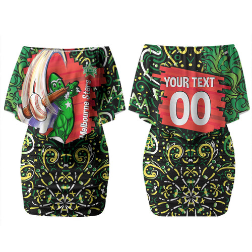 Personalized Melbourne Stars Cricket Family Matching Off Shoulder Short Dress and Hawaiian Shirt Hippie Psychedelic Pattern Vibrant Mandala Art Style