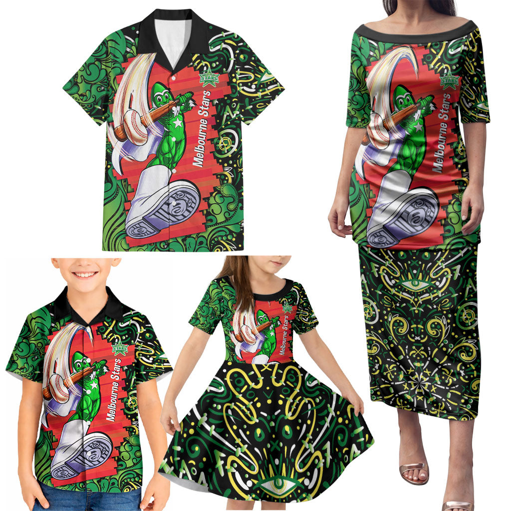 Personalized Melbourne Stars Cricket Family Matching Puletasi and Hawaiian Shirt Hippie Psychedelic Pattern Vibrant Mandala Art Style