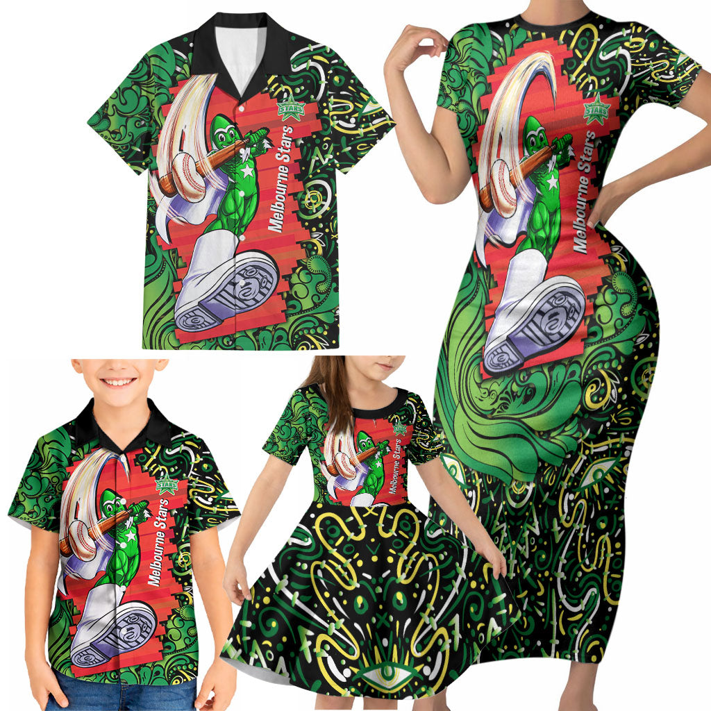 Personalized Melbourne Stars Cricket Family Matching Short Sleeve Bodycon Dress and Hawaiian Shirt Hippie Psychedelic Pattern Vibrant Mandala Art Style
