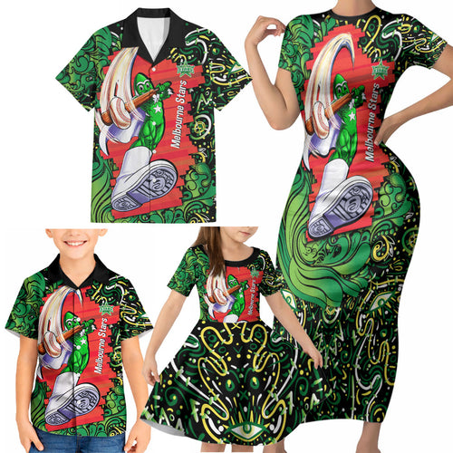 Personalized Melbourne Stars Cricket Family Matching Short Sleeve Bodycon Dress and Hawaiian Shirt Hippie Psychedelic Pattern Vibrant Mandala Art Style
