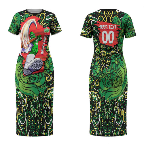 Personalized Melbourne Stars Cricket Family Matching Short Sleeve Bodycon Dress and Hawaiian Shirt Hippie Psychedelic Pattern Vibrant Mandala Art Style