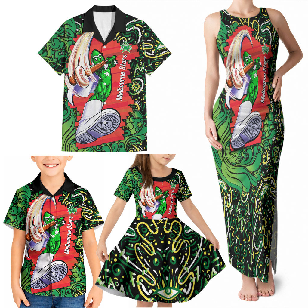 Personalized Melbourne Stars Cricket Family Matching Tank Maxi Dress and Hawaiian Shirt Hippie Psychedelic Pattern Vibrant Mandala Art Style