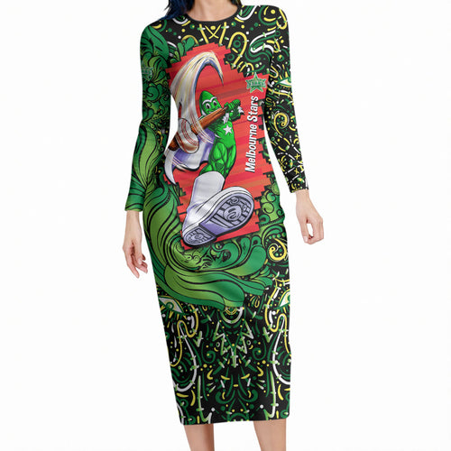 Personalized Melbourne Stars Cricket Long Sleeve Bodycon Dress Hippie Psychedelic Pattern Vibrant Mandala Art Style