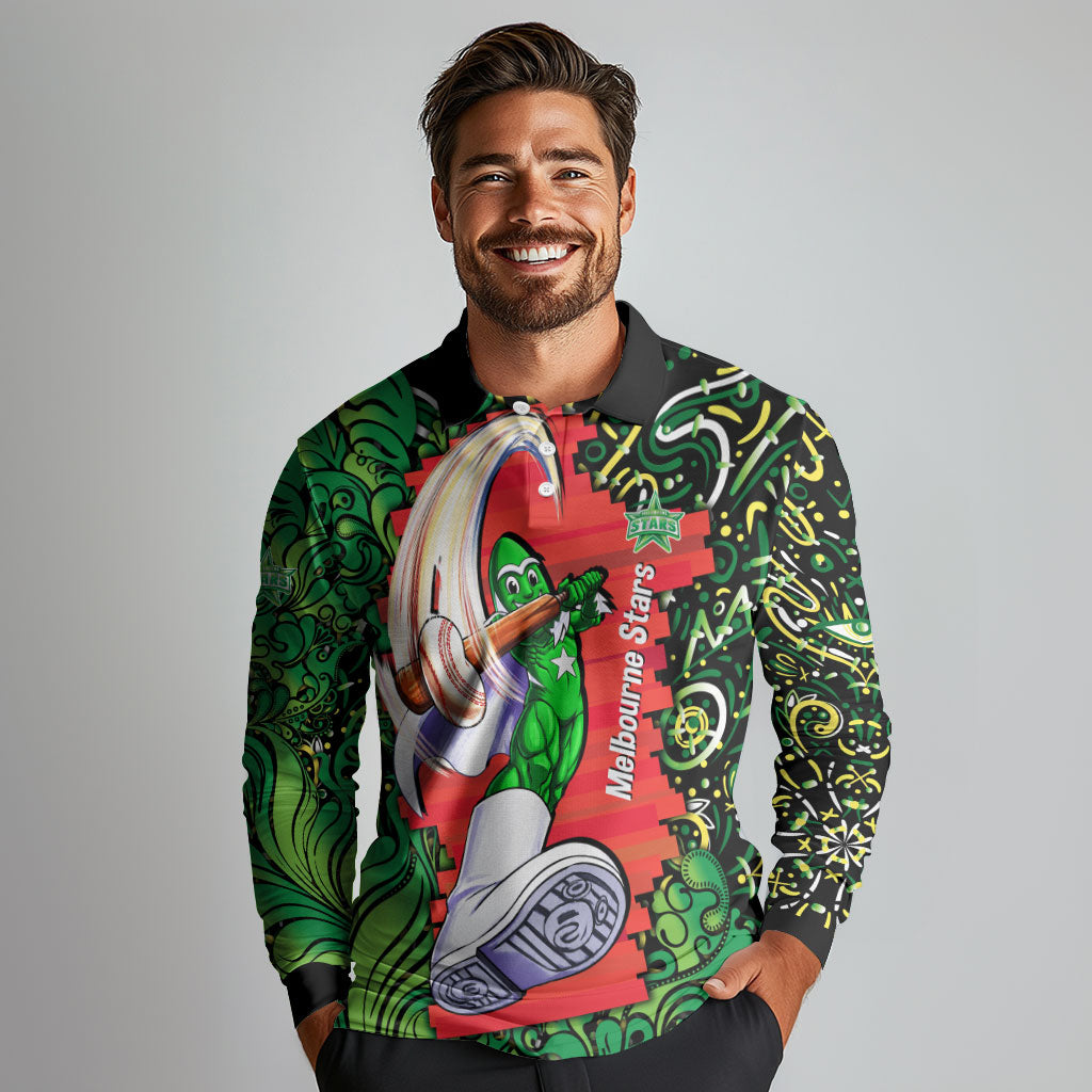 Personalized Melbourne Stars Cricket Long Sleeve Polo Shirt Hippie Psychedelic Pattern Vibrant Mandala Art Style
