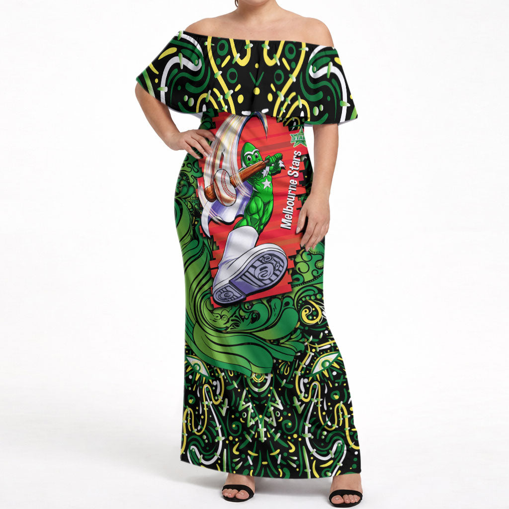 Personalized Melbourne Stars Cricket Off Shoulder Maxi Dress Hippie Psychedelic Pattern Vibrant Mandala Art Style