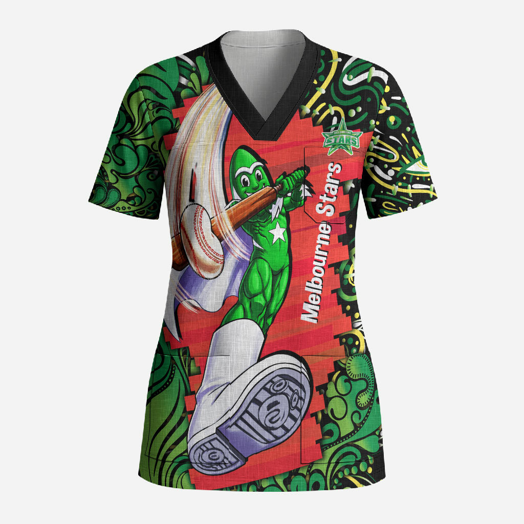 Personalized Melbourne Stars Cricket Scrub Top Hippie Psychedelic Pattern Vibrant Mandala Art Style
