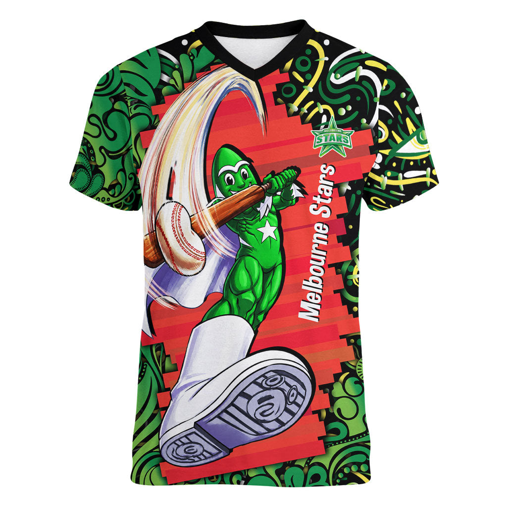 Personalized Melbourne Stars Cricket Women V-Neck T-Shirt Hippie Psychedelic Pattern Vibrant Mandala Art Style