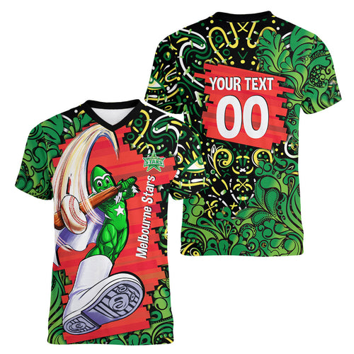 Personalized Melbourne Stars Cricket Women V-Neck T-Shirt Hippie Psychedelic Pattern Vibrant Mandala Art Style