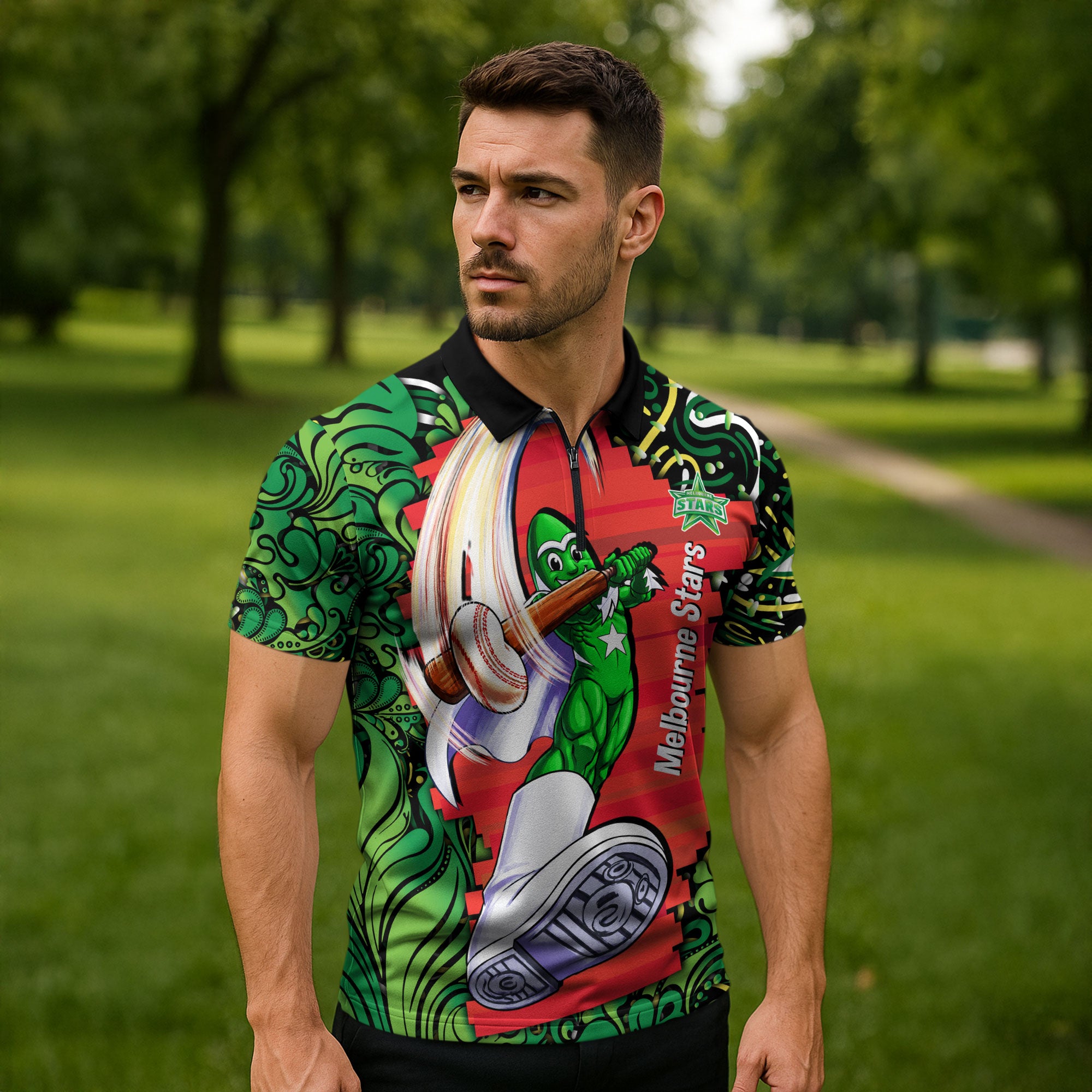 Personalized Melbourne Stars Cricket Zipper Polo Shirt Hippie Psychedelic Pattern Vibrant Mandala Art Style