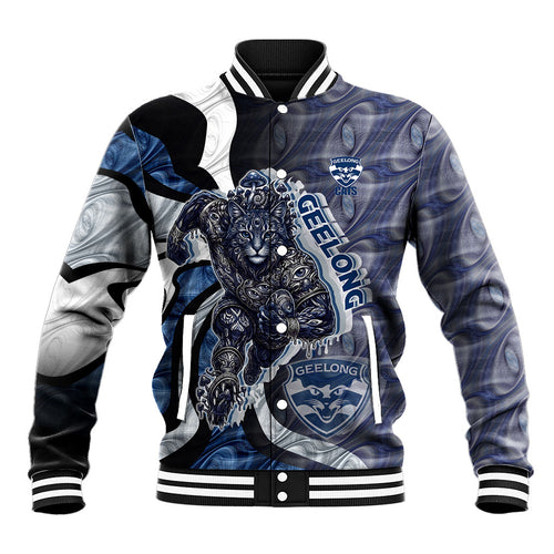 Personalised Geelong Cats Baseball Jacket Trippy Psychedelic Abstract Art Mascot Football Fans