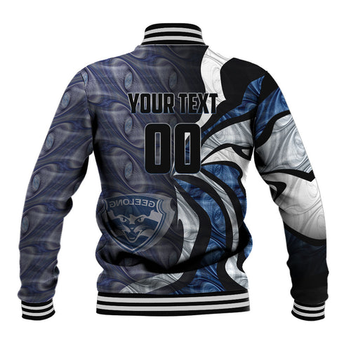 Personalised Geelong Cats Baseball Jacket Trippy Psychedelic Abstract Art Mascot Football Fans