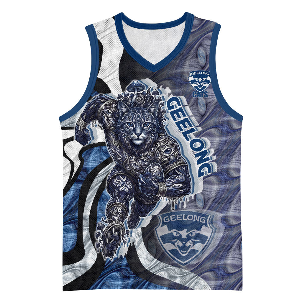 Personalised Geelong Cats Basketball Jersey Trippy Psychedelic Abstract Art Mascot Football Fans