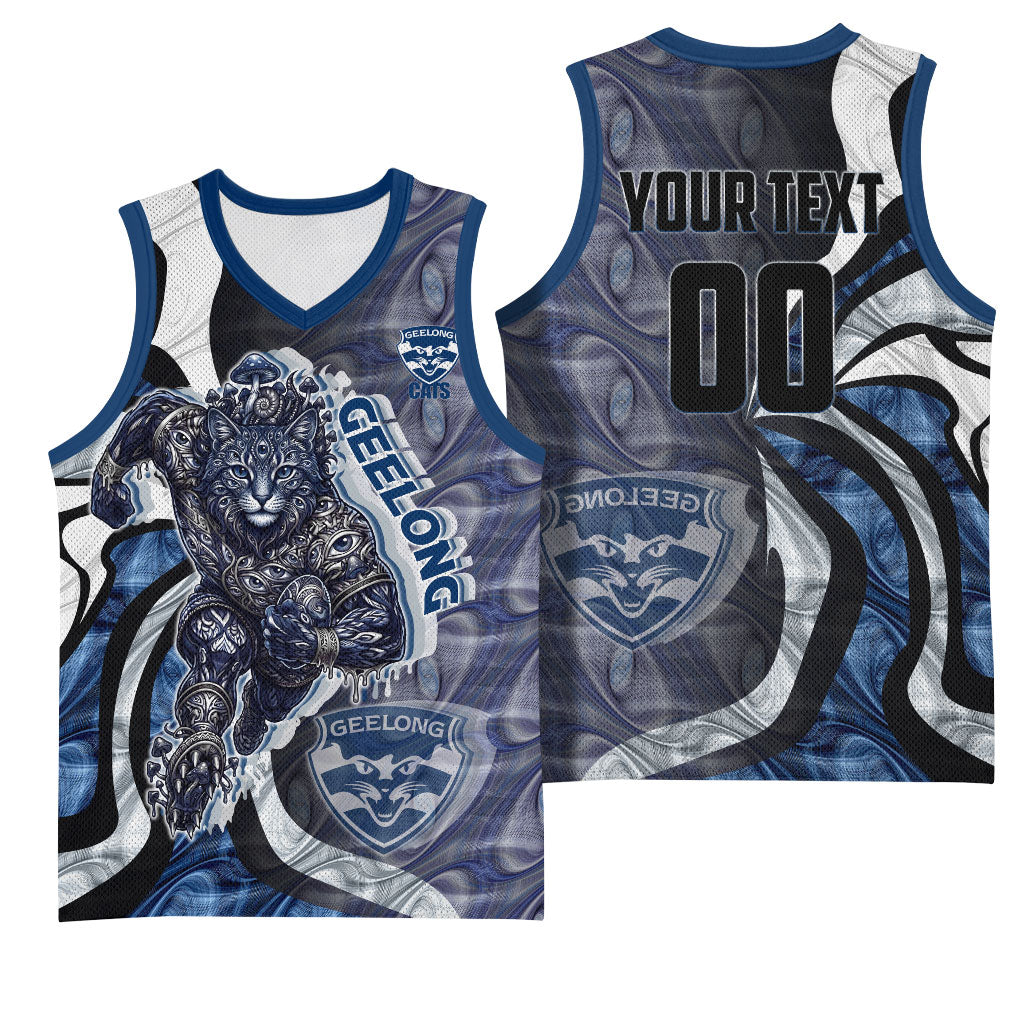 Personalised Geelong Cats Basketball Jersey Trippy Psychedelic Abstract Art Mascot Football Fans