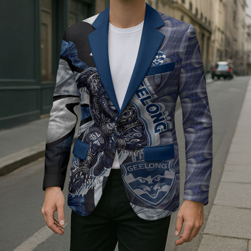 Personalised Geelong Cats Blazer Trippy Psychedelic Abstract Art Mascot Football Fans