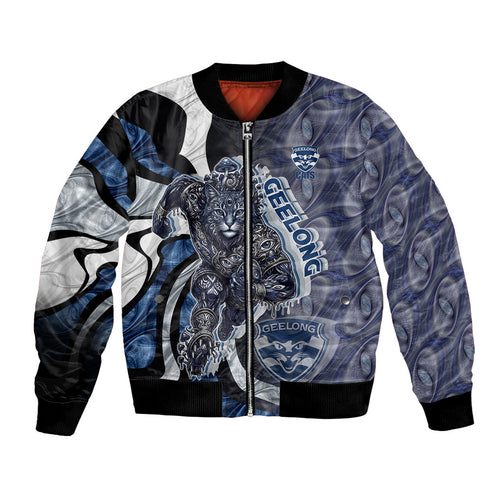 Personalised Geelong Cats Bomber Jacket Trippy Psychedelic Abstract Art Mascot Football Fans