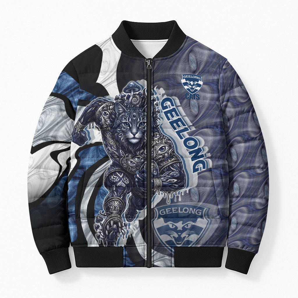 Personalised Geelong Cats Bomber Puffer Jacket Trippy Psychedelic Abstract Art Mascot Football Fans