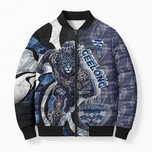 Personalised Geelong Cats Bomber Puffer Jacket Trippy Psychedelic Abstract Art Mascot Football Fans