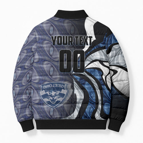Personalised Geelong Cats Bomber Puffer Jacket Trippy Psychedelic Abstract Art Mascot Football Fans