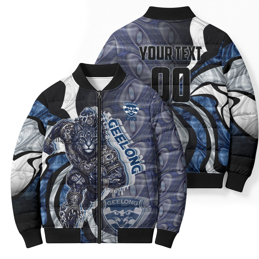 Personalised Geelong Cats Bomber Puffer Jacket Trippy Psychedelic Abstract Art Mascot Football Fans