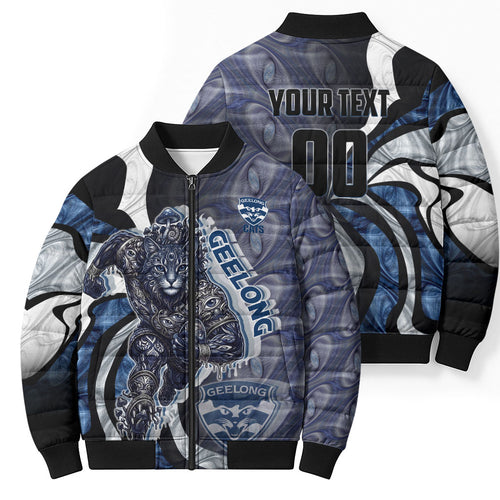 Personalised Geelong Cats Bomber Puffer Jacket Trippy Psychedelic Abstract Art Mascot Football Fans