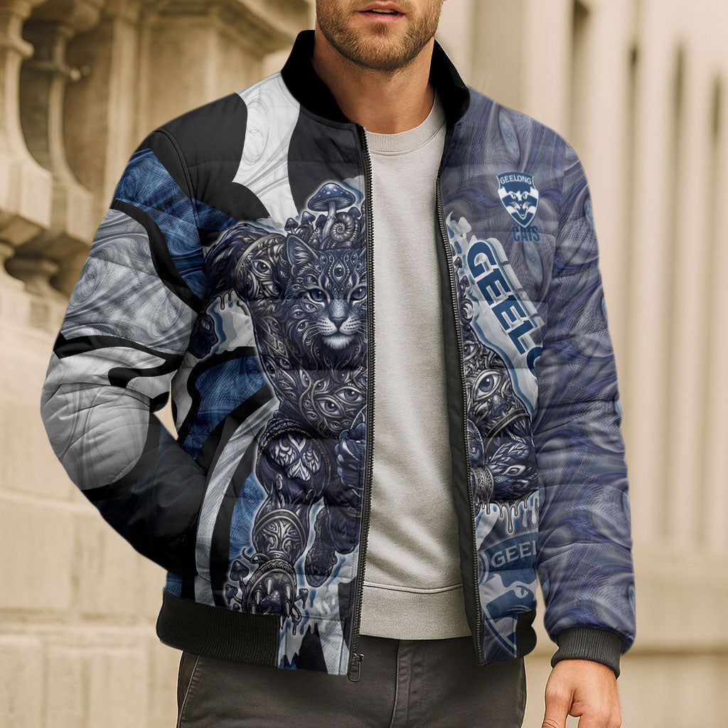 Personalised Geelong Cats Bomber Puffer Jacket Trippy Psychedelic Abstract Art Mascot Football Fans