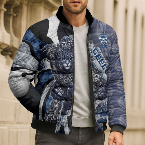 Personalised Geelong Cats Bomber Puffer Jacket Trippy Psychedelic Abstract Art Mascot Football Fans