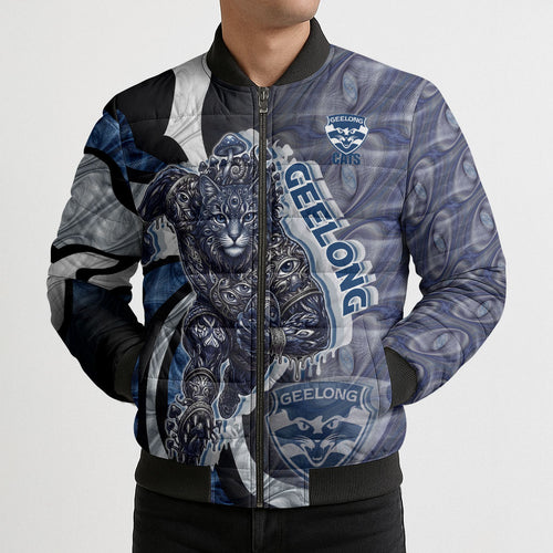 Personalised Geelong Cats Bomber Puffer Jacket Trippy Psychedelic Abstract Art Mascot Football Fans