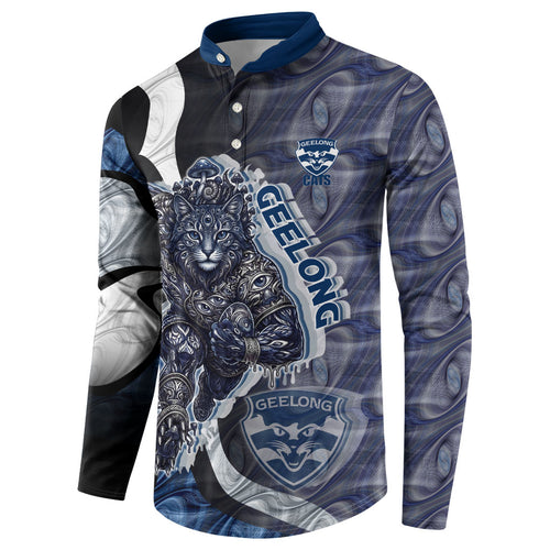Personalised Geelong Cats Button Sweatshirt Trippy Psychedelic Abstract Art Mascot Football Fans