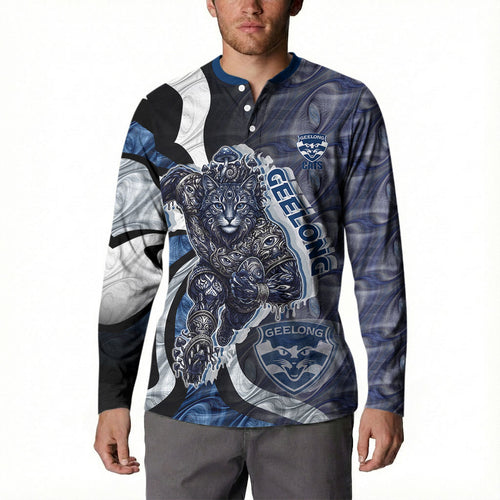 Personalised Geelong Cats Button Sweatshirt Trippy Psychedelic Abstract Art Mascot Football Fans