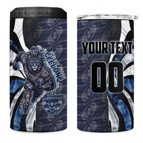 Personalised Geelong Cats 4 in 1 Can Cooler Tumbler Trippy Psychedelic Abstract Art Mascot Football Fans