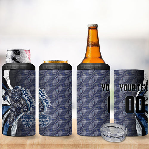 Personalised Geelong Cats 4 in 1 Can Cooler Tumbler Trippy Psychedelic Abstract Art Mascot Football Fans