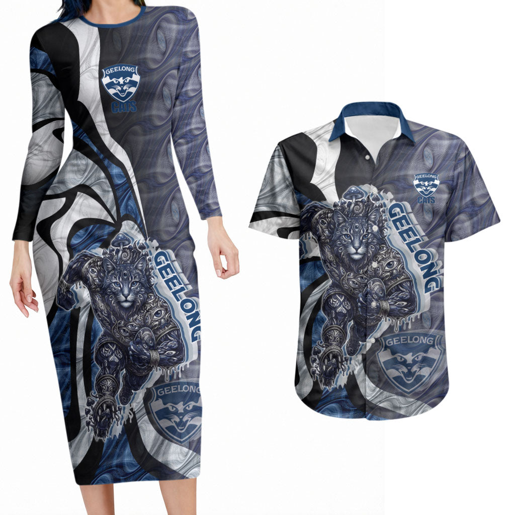 Personalised Geelong Cats Couples Matching Long Sleeve Bodycon Dress and Hawaiian Shirt Trippy Psychedelic Abstract Art Mascot Football Fans
