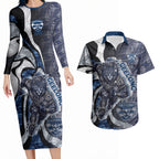 Personalised Geelong Cats Couples Matching Long Sleeve Bodycon Dress and Hawaiian Shirt Trippy Psychedelic Abstract Art Mascot Football Fans
