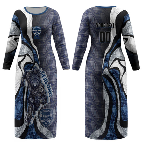 Personalised Geelong Cats Couples Matching Long Sleeve Bodycon Dress and Hawaiian Shirt Trippy Psychedelic Abstract Art Mascot Football Fans