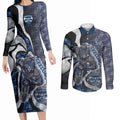 Personalised Geelong Cats Couples Matching Long Sleeve Bodycon Dress and Long Sleeve Button Shirt Trippy Psychedelic Abstract Art Mascot Football Fans
