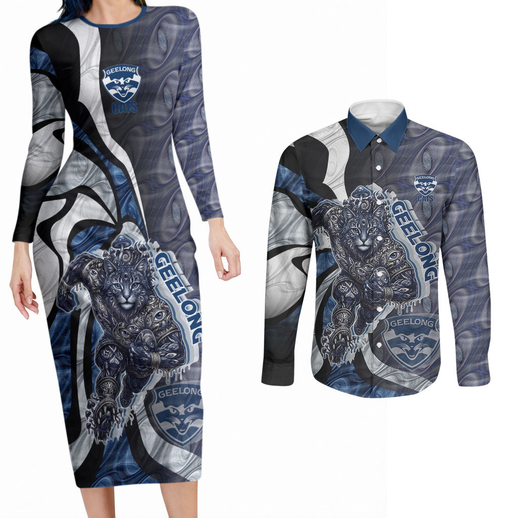 Personalised Geelong Cats Couples Matching Long Sleeve Bodycon Dress and Long Sleeve Button Shirt Trippy Psychedelic Abstract Art Mascot Football Fans