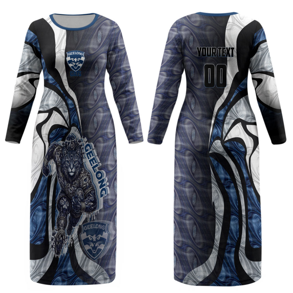 Personalised Geelong Cats Couples Matching Long Sleeve Bodycon Dress and Long Sleeve Button Shirt Trippy Psychedelic Abstract Art Mascot Football Fans