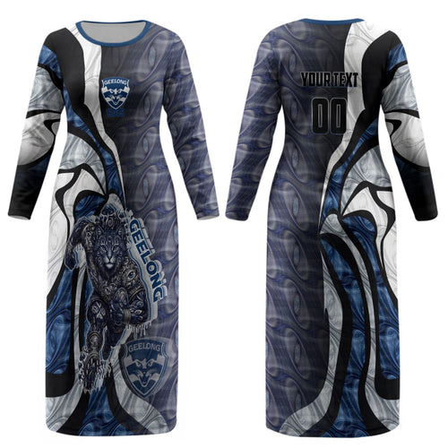 Personalised Geelong Cats Couples Matching Long Sleeve Bodycon Dress and Long Sleeve Button Shirt Trippy Psychedelic Abstract Art Mascot Football Fans