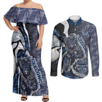 Personalised Geelong Cats Couples Matching Off Shoulder Maxi Dress and Long Sleeve Button Shirt Trippy Psychedelic Abstract Art Mascot Football Fans