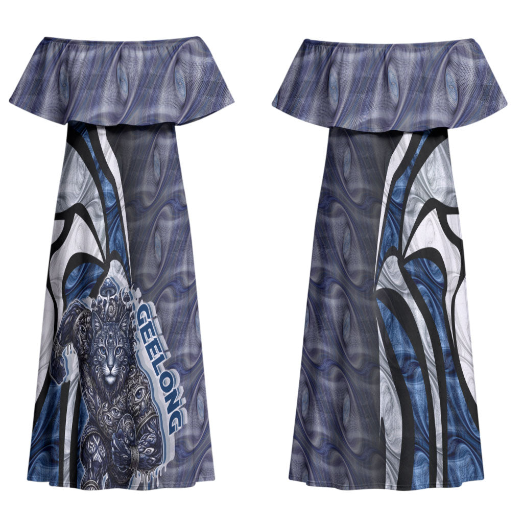 Personalised Geelong Cats Couples Matching Off Shoulder Maxi Dress and Long Sleeve Button Shirt Trippy Psychedelic Abstract Art Mascot Football Fans